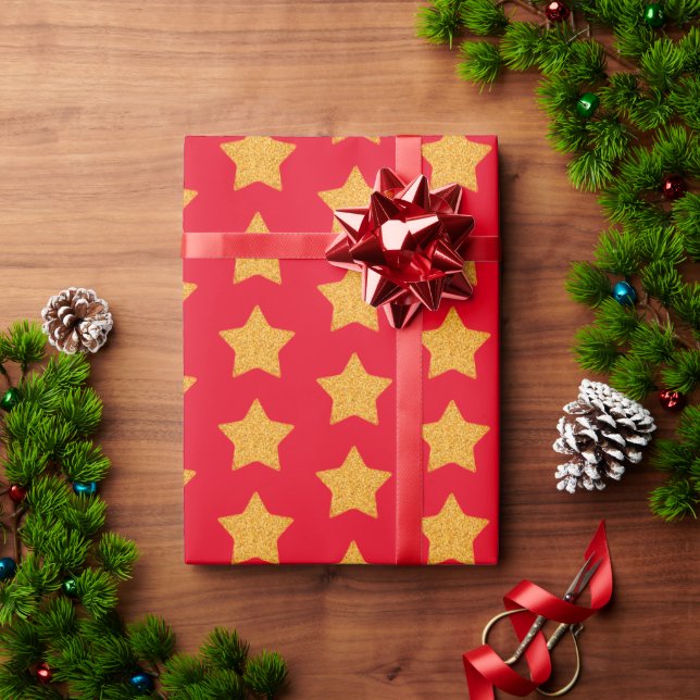 Gold Imitate Glitzer Star Pattern Red Gift Geschenkpapier (Feiertagsgeschenk)
