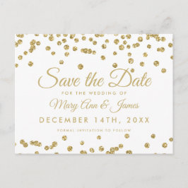 Gold Imitats Glitzer Confetti White Save the Date Ankündigungspostkarte