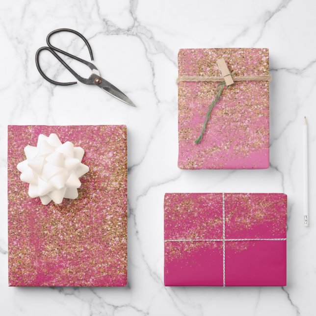 Gold Imitats Glitzer Girly Pink Sparkone Geschenkpapier Set (Vorderseite)