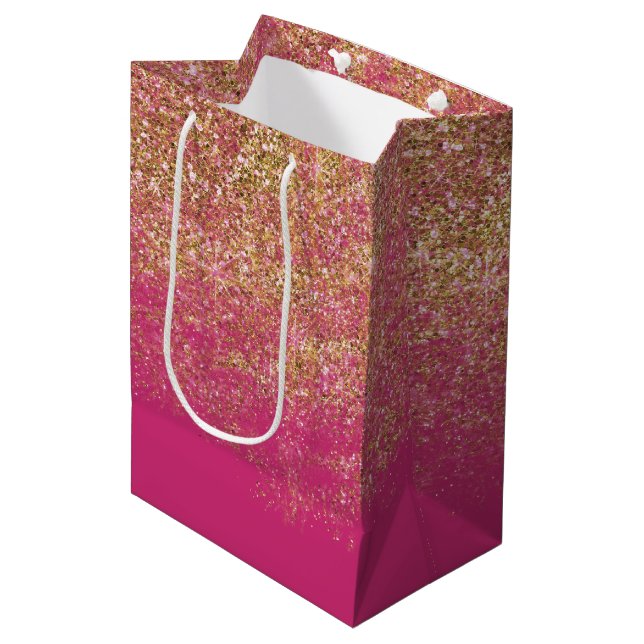 Gold Imitats Glitzer Girly Pink Sparkone Mittlere Geschenktüte (Vorderseite Schrägansicht)