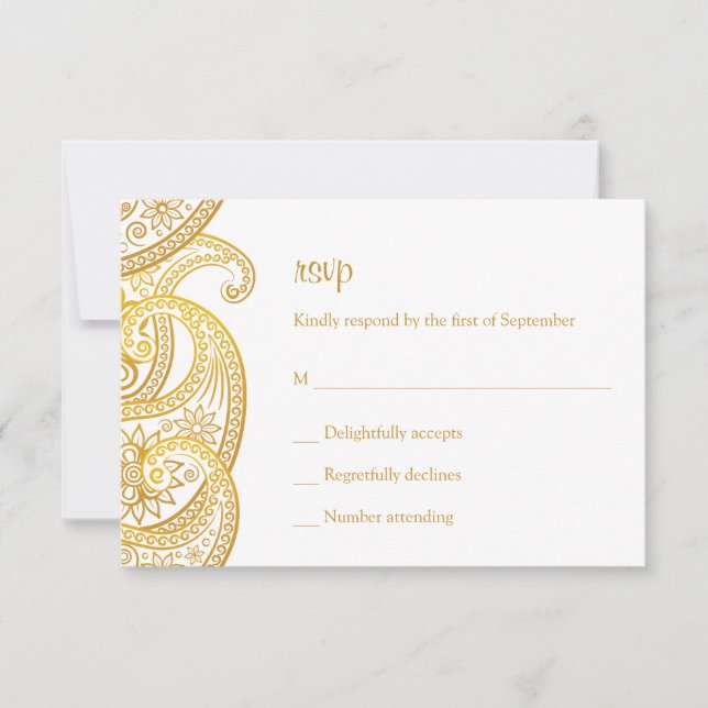 Gold Indian Paisley Hindu Wedding RSVP Karte (Vorderseite)