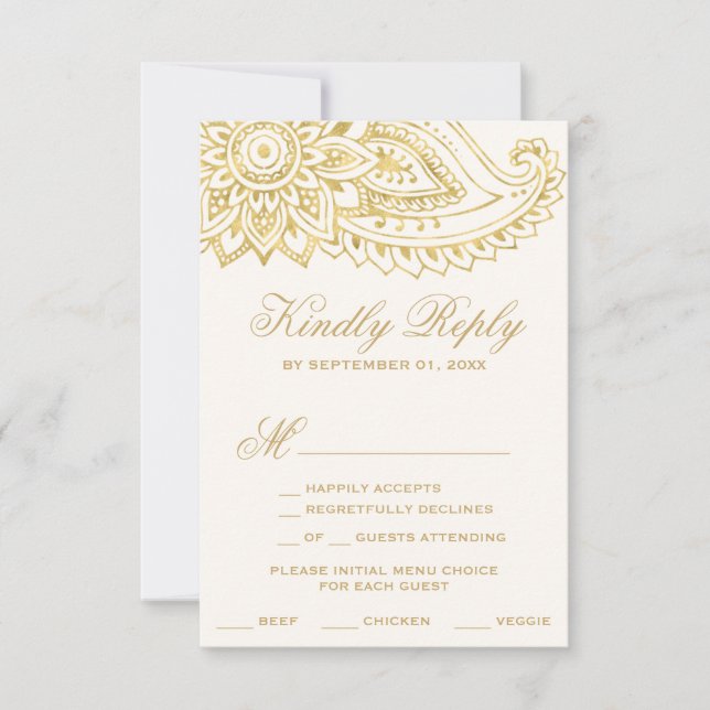 Gold Indian Paisley Menü Auswahl RSVP Karte (Vorderseite)
