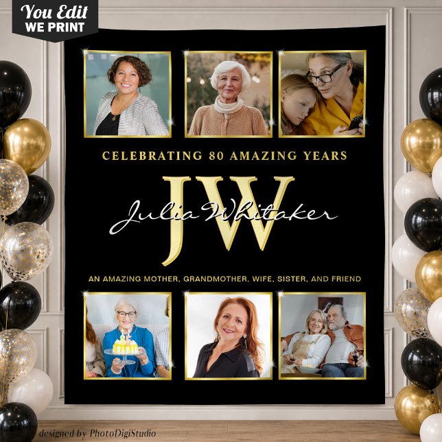 Gold Initials Custom Birthday Background mit Foto Wandteppich (Custom Birthday Backdrop, Birthday Party Decor Gold, Personalized Initials and Photo Tapestry)