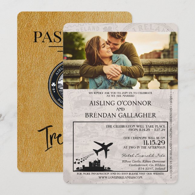 Gold Ireland Passport Hochzeitseinladung Einladung (Vorne/Hinten)
