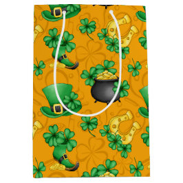 GOLD IRISH TOP HATT GRÜNE KLEEBLÄTTER HORSESHOES MITTLERE GESCHENKTÜTE
