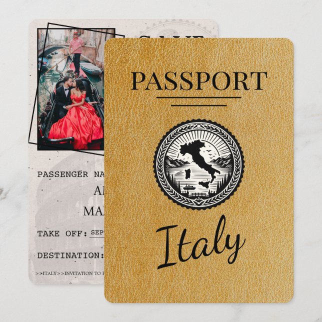 Gold Italy Passport Save The Date (Vorne/Hinten)