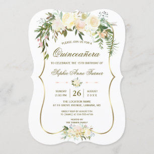 Gold Ivory Blush Floral Quinceañera Geburtstag Einladung