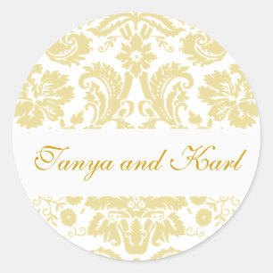 Gold Ivory Bride Groom Damask Hochzeitsticker für Runder Aufkleber