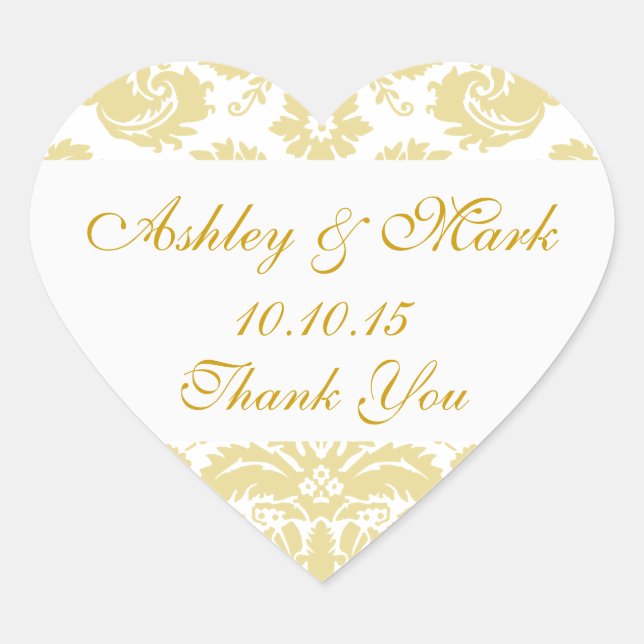 Gold Ivory Damask Wedding Favor Heart Sticker (Vorderseite)