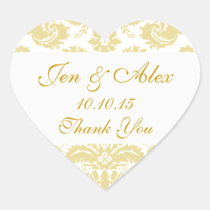 Gold Ivory Damask Wedding Favor Heart Sticker