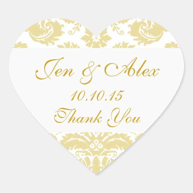 Gold Ivory Damask Wedding Favor Heart Sticker (Vorderseite)