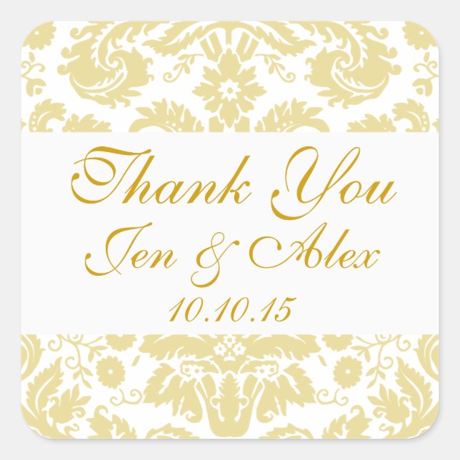 Gold Ivory Damask Wedding Favor Quadratischer Aufkleber (Vorderseite)
