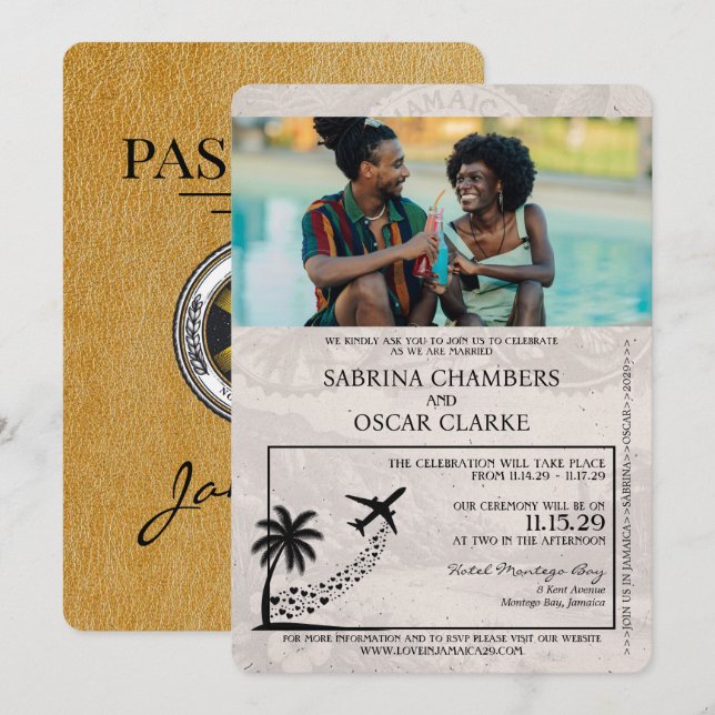 Gold Jamaica Pass Einladung zur Hochzeit (Vorne/Hinten)