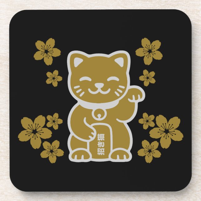 Gold Japanisch Maneki-neko Getränkeuntersetzer (Vorderseite)