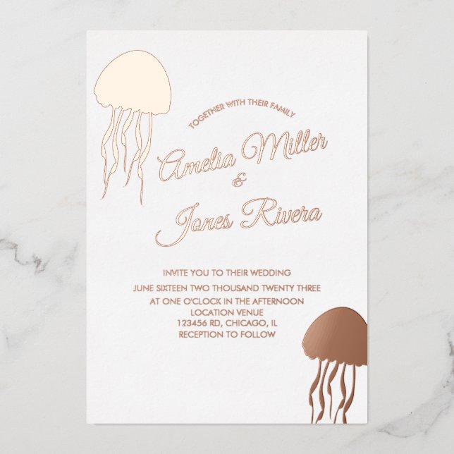 Gold JellyFish Wedding Pressed Foil Einladung (Vorderseite)