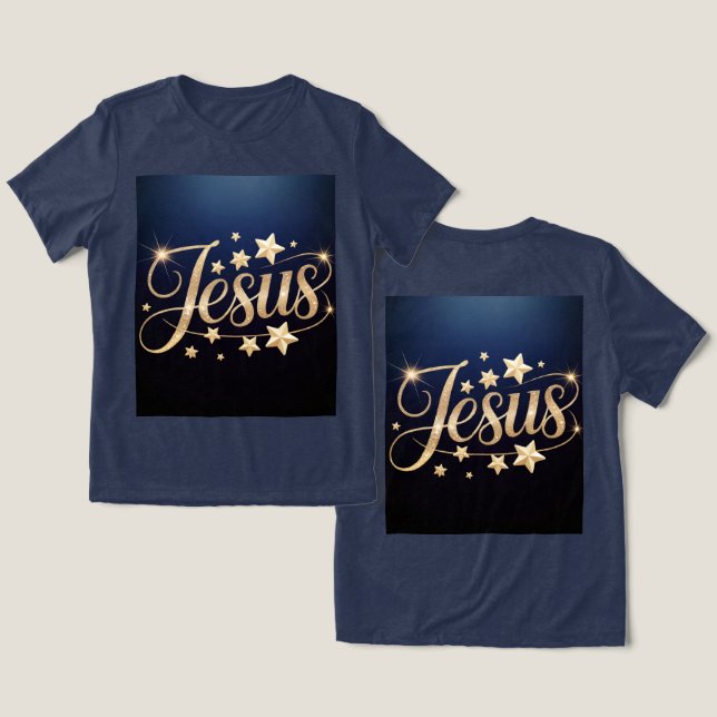 Gold Jesus Script Blue  Tri-Blend Shirt (Design Vorderseite & Rückseite)