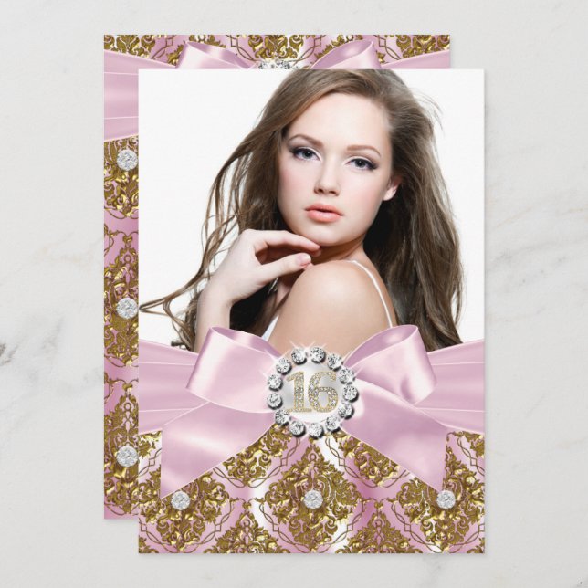 Gold Jewel Damask & Pink Bow Sweet 16 Foto Einladu Einladung (Vorne/Hinten)