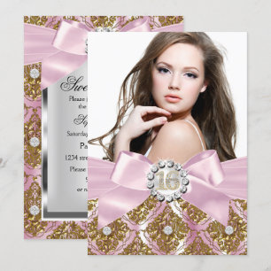 Gold Jewel Damask & Pink Bow Sweet 16 Foto Einladu Einladung