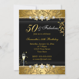 Gold Jewel Leaf 50 Fabulous Birthday Black Einladung