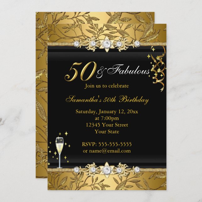 Gold Jewel Leaf 50 Fabulous Birthday Black Einladung (Vorne/Hinten)