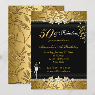 Gold Jewel Leaf 50 Fabulous Birthday Black Einladung