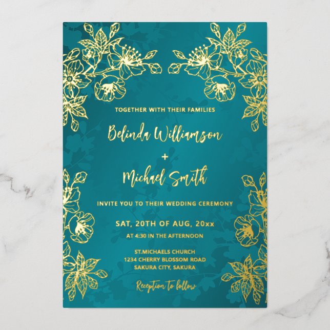 Gold Jewel Tone Floral Wedding Folieneinladung (Vorderseite)