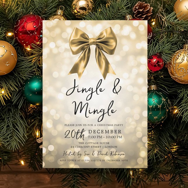 Gold Jingle & Mingle Christmas Party Bow & Lights Einladung (Gold Jingle & Mingle Christmas Party Bow & Lights Invitation)