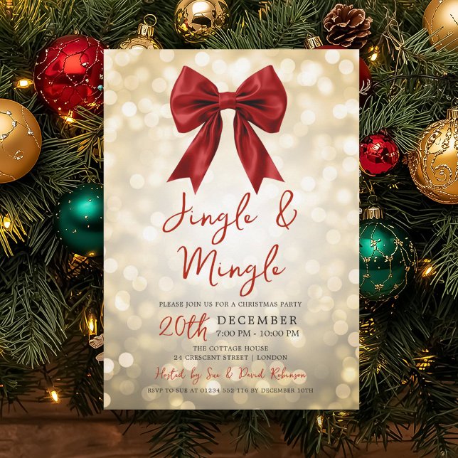 Gold Jingle Mingle Christmas Party Red Bow Lights Einladung (Gold Jingle Mingle Christmas Party Red Bow Lights Invitation)
