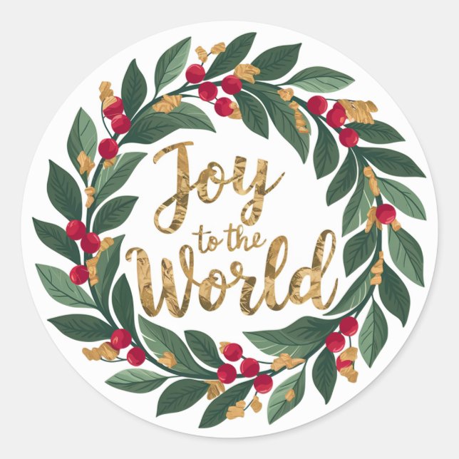 Gold Joto the World Red Berry Wreath Weihnachten Runder Aufkleber (Vorderseite)