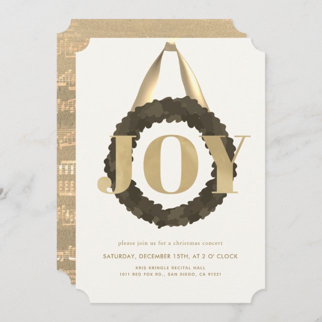 Gold JOY Green Wreath Weihnachtskonzert Erwägung Einladung (Vorne/Hinten)