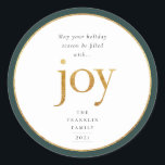 Gold Joy Modern Christmas Classic Round Sticker<br><div class="desc">Möge Ihre Ferienzeit mit Freude erfüllt werden. Goldene Imitate verwickeln die fröhliche Schrift und die Imitate runden Rahmen mit dunkelgrünen Rahmen,  Ferienaufkleber.</div>
