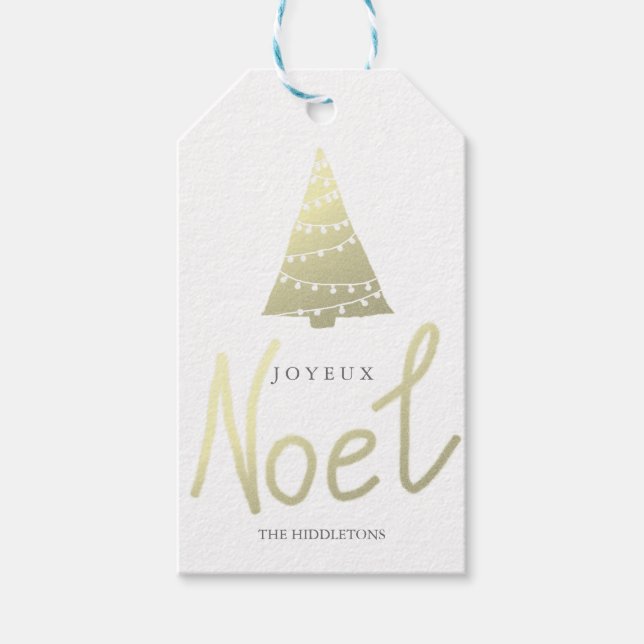 Gold Joyeux Weihnachten Moderner Weihnachtsbaum Geschenkanhänger (Vorderseite)