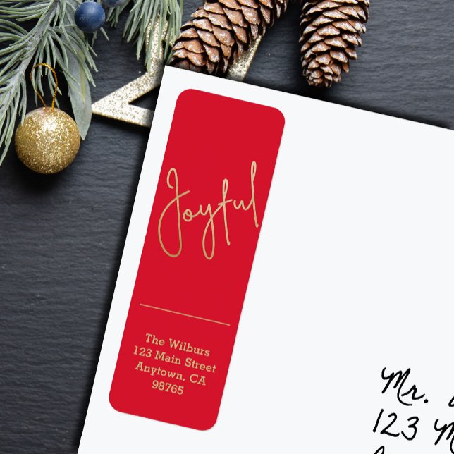 Gold JOYFUL auf Red Christmas Rücksendeadresse (Gold script JOYFUL on red Christmas holiday vertical skinny return address labels
)