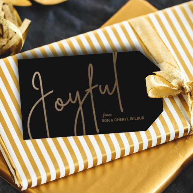 Gold JOYFUL auf schwarzen Weihnachten Geschenkanhänger (Gold JOYFUL text in fancy script on black Christmas gift/favor tags personalized with your names)