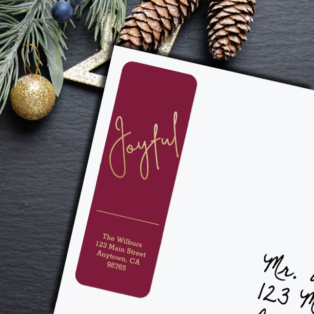 Gold JOYFUL on Cranberry Christmas Return Address (Gold script JOYFUL on cranberry red Christmas holiday vertical skinny return address labels
)
