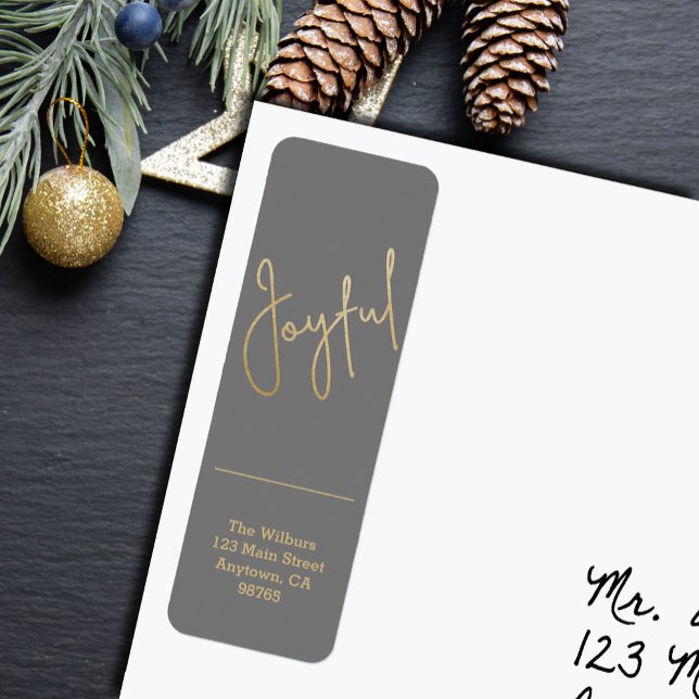Gold JOYFUL on Grey Christmas Return Address (Gold script JOYFUL on silver Christmas holiday vertical skinny return address labels
)
