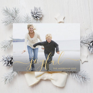 Gold Joyful Script Holiday Foto Card Feiertagskarte