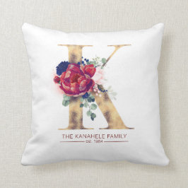 Gold K Monogram Floral Burgundy Red and Navy Blue Kissen