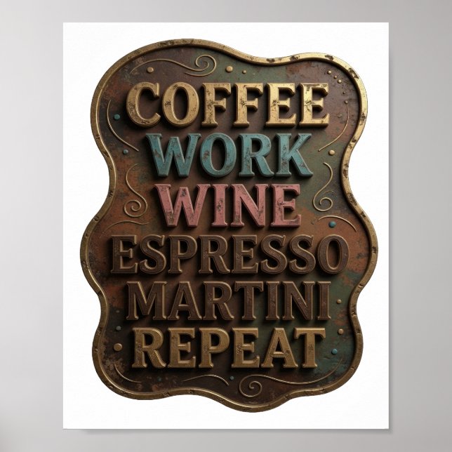 Gold KAFFEE ARBEIT WEIN ESPRESSO MARTINI WIEDERHOL Poster (Vorne)