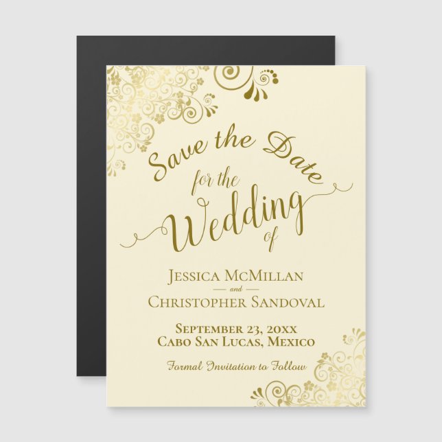 Gold-Kalligrafie auf Cream Save the Date Magnet (Vorne/Hinten)