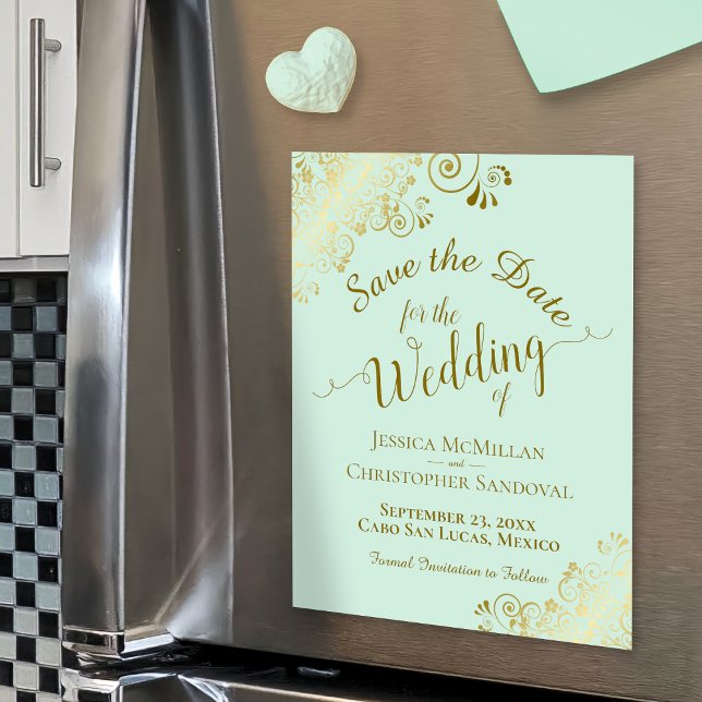 Gold-Kalligrafie-Grün speichern das Datumsfenster Magnetkarte (Von Creator hochgeladen)