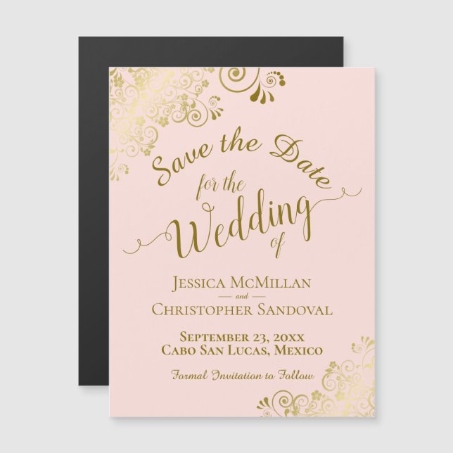 Gold Kalligrafie Rosa Pink Speichern Sie das Datum Magnetkarte (Vorne/Hinten)