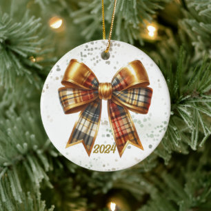 Gold Kariert Holiday Bow Year Akzent Keramik Ornament