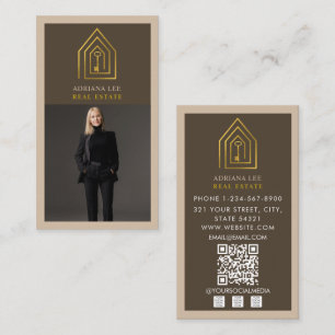 Gold Key Foto Real Estate Agent QR Code Braun Visitenkarte