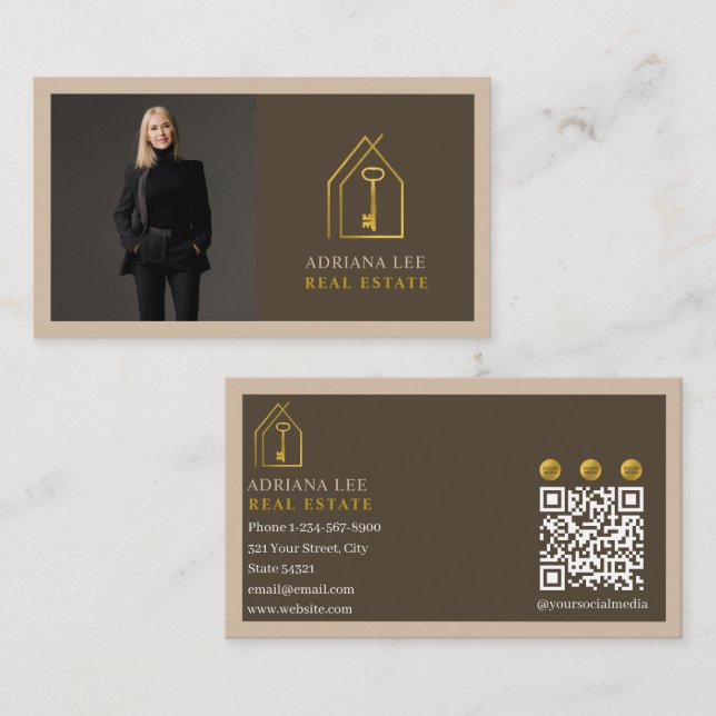 Gold Key Photo Real Estate Agent QR Code Brown Visitenkarte (Vorne/Hinten)