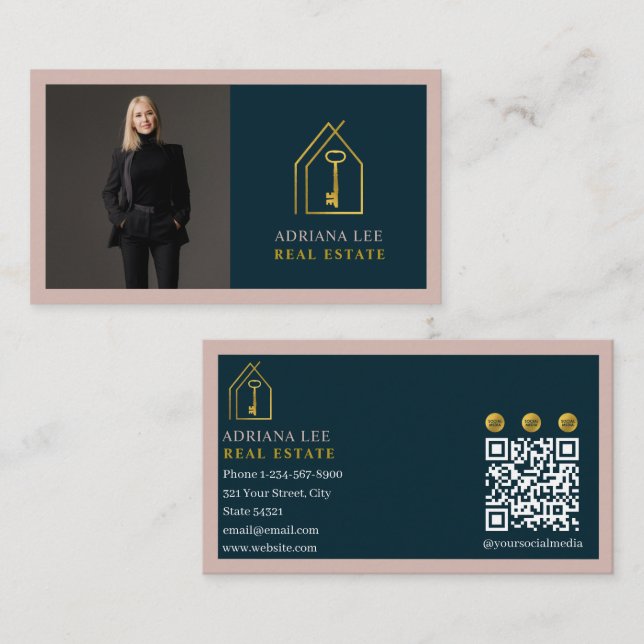 Gold Key Photo Real Estate Agent QR Code Pink Visitenkarte (Vorne/Hinten)