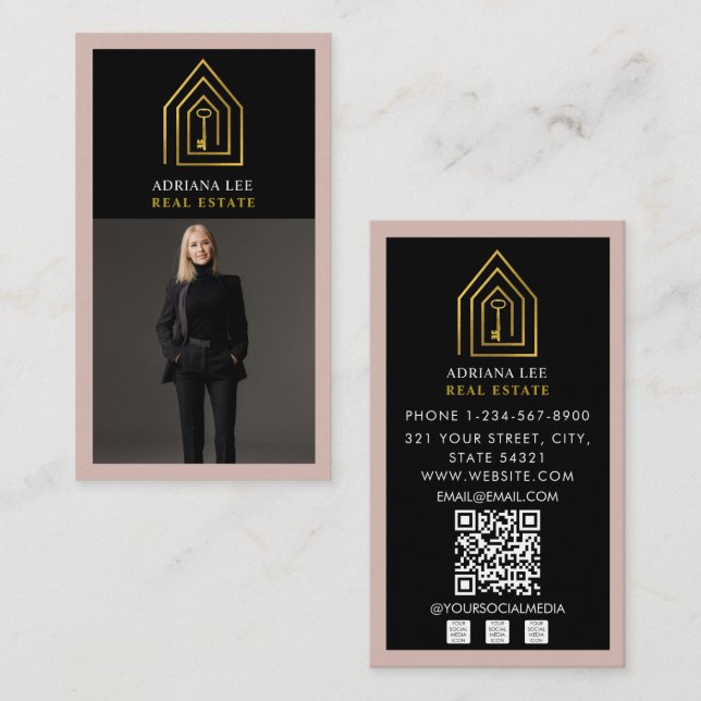 Gold Key Photo Real Estate Agent QR Code Pink Visitenkarte (Vorne/Hinten)
