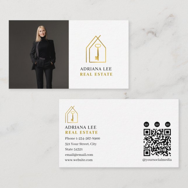 Gold Key Photo Real Estate Agent QR Code White Visitenkarte (Vorne/Hinten)