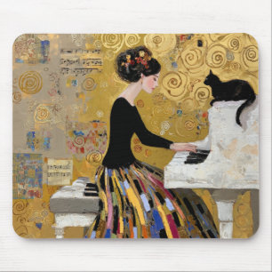 Gold Klimt Klavier Lady mit schwarzer Katze Mousepad