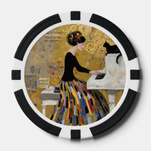 Gold Klimt Klavier Lady mit schwarzer Katze Pokerchips